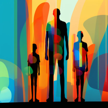 three cartoonish abstract silhouettes of christopher are depicted standing together in this digital expressionism artwork. the figurative sculptures showcase smooth lines and bright colors, creating a playful and vibrant composition. this on-the-phonecore piece, inspired by vector art, is available under the creative commons attribution license. ai generatedの素材