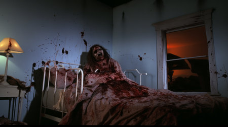 a zombie lies on a bed with a light attached to it in this photograph. the image is captured in the style of color reversal film, using the carl zeiss distagon t 15mm f/2.8 ze lens. this extreme angle shot was commissioned for a project by ted nasmith and debbie criswell, and shot on sheet film. ai generatedの素材