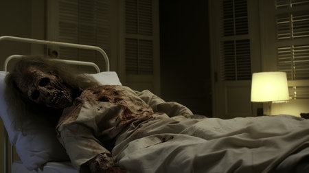 a zombie lying in a bed, captured in the style of medical imaging film, showcases a recontextualized portrayal. the image features selective focus, with a combination of dark brown and light beige tones. created by thomas cole and presented in stunning 8k resolution, this artwork is the creation of joong keun lee. ai generatedの素材