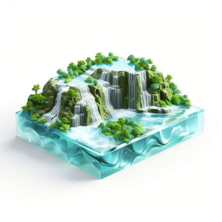 a 3d representation of a green river and waterfall, crafted in the style of crystal formations. this detailed world-building artwork showcases seapunk elements with simple yet colorful illustrations. the mesmerizing scene captures the essence of weathercore aesthetics, reminiscent of the konica big mini photography style. explore the beauty of isolated landscapes in this captivating image. ai generatedの素材