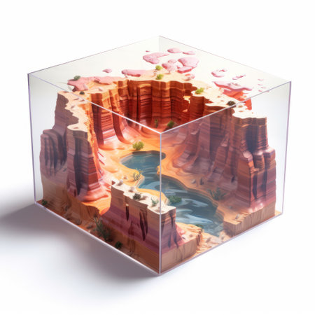 a 3d printed hollow obelisk in a transparent cube, showcasing intricate rock art inside. this unique piece combines elements of colorful landscapes, max rive, polychrome terracotta, pixelated landscapes, saturated pigment pools, isolated landscapes, and the architectural style of frank gehry. ai generatedの素材