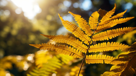 a close-up photo of a fern bathed in sunlight, showcasing vibrant sun-soaked colors. the dark yellow and light bronze hues create a forestpunk atmosphere, complemented by the dark cyan and yellow tones. the nature-inspired installation features a captivating play of light gray and dark amber, resulting in a visually striking composition. ai generatedの素材