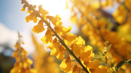 blooming yellow flowers in the sunshine, reminiscent of range murata's style, showcase organic nature-inspired forms. the smooth and shiny petals exude a dutch tradition, while the light amber hues create a nature-inspired imagery. this high-resolution photograph captures the vibrant beauty of these flowers. ai generatedの素材