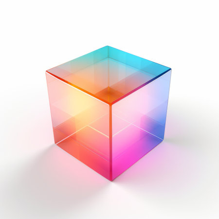 a rainbow colored 3d solid glass cube, created using physically based rendering techniques. the cube features a combination of light orange and dark cyan hues, with high-key lighting that highlights its form. the use of light white and light magenta adds a touch of vibrancy. the image showcases a subtle play of light and shadow, enhancing the tangible texture of the cube. the overall designの素材