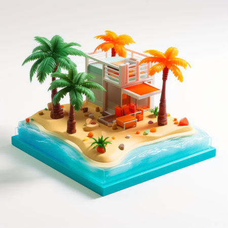 a vibrant and enigmatic 3d model of a house on an island, featuring transparent and translucent mediums. the graphic design-inspired illustrations showcase a captivating blend of orange and aquamarine colors, evoking a sense of vacation dadcore in the mesmerizing backdrop of the tropical paradise. ai generatedの素材