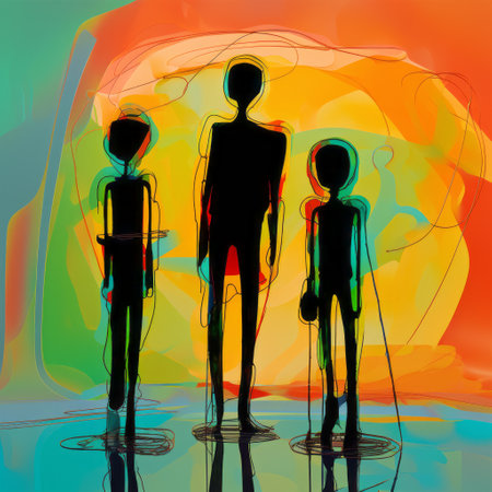 three cartoonish abstract silhouettes of james stand side by side in this digital expressionism artwork. the figurative sculptures feature smooth lines, bright colors, and a playful, rivolous vibe. this creative commons attribution piece showcases the artist's talent in creating ultrafine vector art. ai generatedの素材