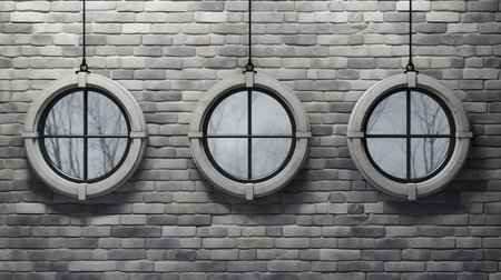 three gray circles, resembling atmospheric installations, hang on a brick wall. the wall features precise nautical details and an open window, adding to the industrial design. the overall aesthetic exudes a gothic atmosphere with a touch of daz3d style, combining stone and industrial elements. ai generatedの素材