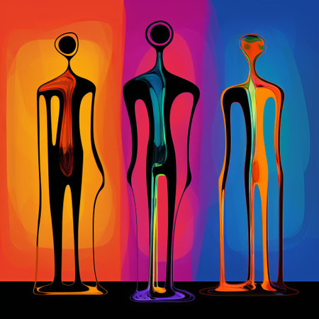 three cartoonish abstract silhouettes of eric are depicted standing together in this digital expressionism artwork. the figurative sculptures showcase smooth lines and bright colors, creating a playful and vibrant composition. this creative commons attribution piece embodies the style of vector art, with its rivolous and ultrafine details. ai generatedの素材