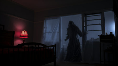 a haunting figuratism-inspired room featuring a bed, curtain, and light. this 8k resolution photo by casey childs and mike campau captures the essence of swirling vortexes and mist in a unique zombiecore style. ai generatedの素材