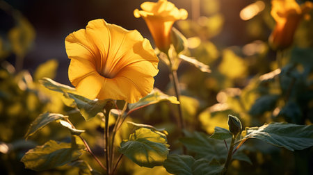 a small orange flower is captured in the style of golden light using the tokina at-x 11-16mm f/2.8 pro dx ii lens. the flower showcases shades of dark yellow and light gold, evoking a precisionism influence. this tranquil gardenscape photograph, a contest winner, beautifully depicts the realistic play of light. ai generatedの素材