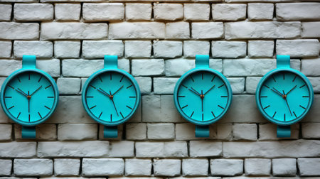 the clocks in this photo are made from plastic and designed in a humorous tone. they come in a stylish combination of dark turquoise and light gray. the matte finish of the photo enhances the optical illusion paintings on the clocks, which are two-dimensional and have a minimalistic composition. additionally, the clocks are made from glazed earthenware. ai generatedの素材