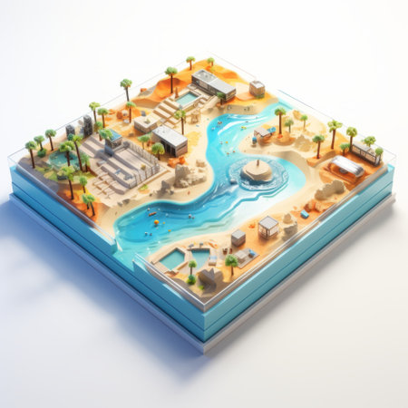 a 3d modern living room set is showcased in this resort hotel bar. the 3d graphics icon illustration features a unique fusion of water and land elements, created by artist petros afshar. the design is characterized by its gigantic scale and desertwave theme. this interactive experience showcases an archaeological object with clear colors. ai generatedの素材