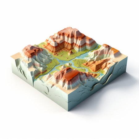 a 3d terrain map of the rocky mountains, featuring flat illustrations with multidimensional layers. the map showcases three-dimensional puzzles, soft gradients, and light-filled landscapes. the polychrome terracotta adds a vibrant touch to the pastoral landscapes. ai generatedの素材