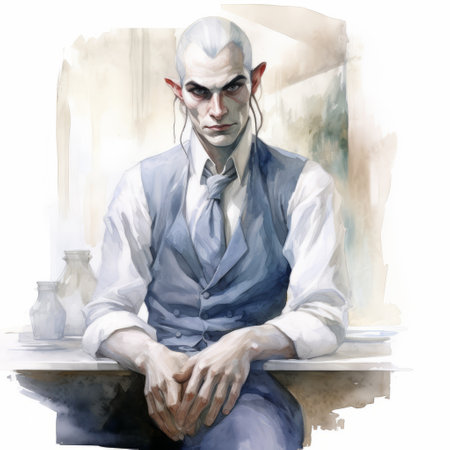 the gloomy elf, a painting by paul scott wizzledwolf, showcases a masculine and polished style of illustration. the dark white and light indigo tones create a moody atmosphere. this western-style portrait captures the essence of absinthe culture, with lifelike figures that draw you into the mysterious world of the elf. ai generatedの素材