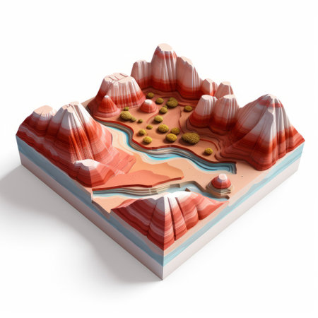 a 3d rendered geological landscape inspired by the red rock canyons, featuring simple and colorful illustrations. this tactile landscape draws inspiration from architectural illustrator toyo ito and incorporates elements of americana iconography. the design showcases accurate topography and captures the essence of rural landscapes. ai generatedの素材