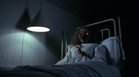 a scary creature with red eyes is depicted on a bed in a photorealistic rendering. the image, captured in the style of the tokina at-x 11-16mm f2.8 pro dx ii lens, showcases the artistic talents of emery hawkins and penelope rosemont. volumetric lighting adds to the eerie atmosphere, while the extreme angle of the shot is reminiscent of george morland's work. ai generatedの素材