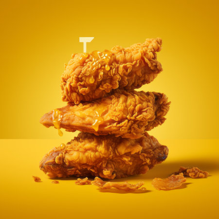a stack of chicken is showcased on a vibrant yellow background, featuring a visually captivating digitally manipulated image. the photo exhibits volumetric lighting and cleverly utilizes negative space. the fragmented advertising elements add an artistic twist to the composition, while the softbox lighting enhances the overall aesthetic. this captivating shot was taken with provia film. ai generatedの素材