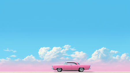 a pink car gracefully cruises through the clouds against a vibrant blue sky, exuding a retro glamour. this captivating image showcases intricate minimalism and photorealistic still life, capturing the essence of iconic american aesthetics. the attention to minimalistic and photorealistic detail is evident, making this 8k photograph a visual masterpiece. ai generatedの素材