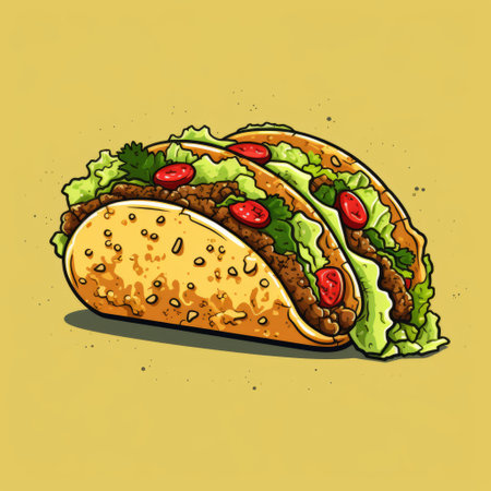 two highly detailed illustrations of tacos with lettuce are showcased on a vibrant yellow background. the style of the artwork is reminiscent of comic art, featuring elements such as dark beige and red colors, pixel art, rounded shapes, and heavy inking. these visually striking images pay homage to the renowned artist genndy tartakovsky. ai generatedの素材