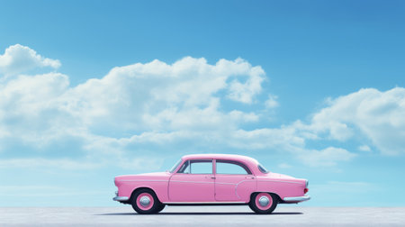 a pink car stands out against a backdrop of straggly clouds in the sky. this contemporary candy-coated vehicle, reminiscent of philippe halsman's style, is captured in a high-definition image with selective focus. the childlike simplicity of the scene adds to its realistic rendering, creating a visually captivating composition. ai generatedの素材