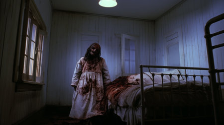 a woman in a white jumpsuit stands on a bed, evoking the eerie atmosphere of a horror film. this captivating photo, taken with provia film, showcases the use of tenebrism and draws inspiration from the works of greg olsen and stephen gammell. it captures a haunting moment, reminiscent of a scene from a suspenseful movie. this image is associated with the associated press. ai generatedの素材