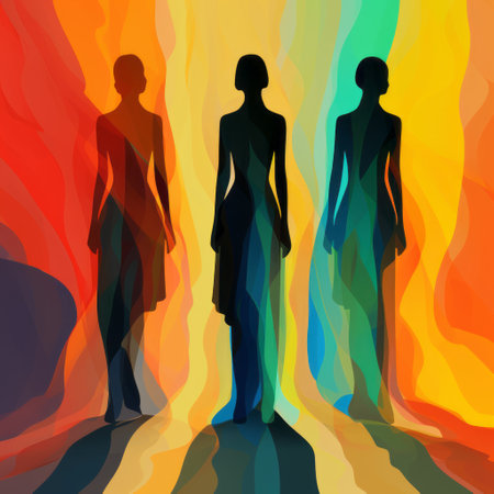 three cartoonish abstract silhouettes of sarah are depicted standing together in this digital expressionism artwork. the figurative sculptures showcase smooth lines and bright colors, creating a playful and vibrant composition. this on-the-phonecore piece, inspired by vector art, is available under the creative commons attribution license. ai generatedの素材