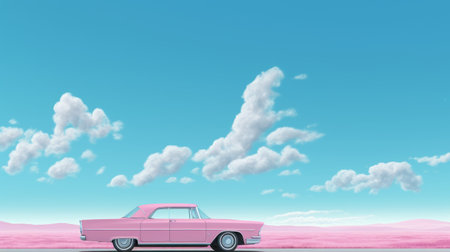 pink vintage car parked on a patch of desert grass, reminiscent of minimalist painter's style. the scene is enhanced by ethereal cloudscapes and hyper-realistic pop elements. this 8k photograph captures the essence of editorial illustrations with its ultrafine detail and neo-pop iconography. ai generatedの素材