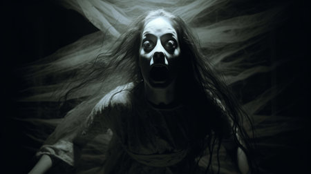 a horror movie still featuring a terrifying character with long dark hair, dark eyes, and a scary face. the image is enhanced with a solarization effect, creating a captivating and ethereal atmosphere. the documentary-style photo showcases the character's haunting facial expression. this halloween-themed image is rendered using octane render, emphasizing the eerie qualities of the subject. ai generatedの素材