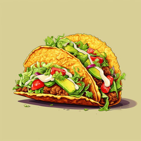two mexican-style tacos are depicted in this digital painting. the illustration showcases the spiciness associated with mexican cuisine, featuring high-contrast shading and a rich earth tone color palette. the artwork is highly detailed, resembling 2d game art and falls under the unique style of kombuchapunk. ai generatedの素材