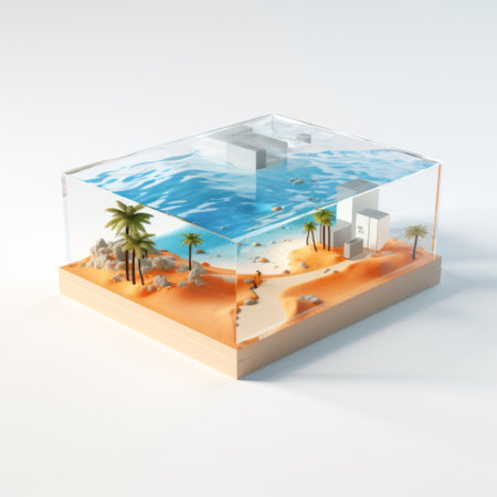 a 3d model of an island is showcased in a glass container, featuring a unique blend of graphic design-inspired illustrations, architectural perspectives, desertwave, kodak plus-x, cubo-futurism, hyper-realistic water, and tilt shift effects. ai generatedの素材