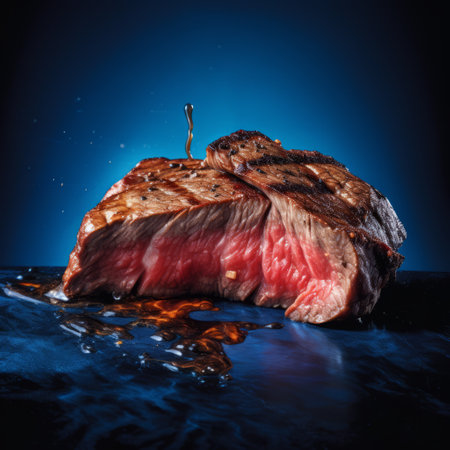 a steak, in the style of surreal seascapes, is ready to be sliced on a table. the photo showcases a dark blue and brown color palette, with ultra hd quality. it belongs to the genre of celebrity photography, capturing candid shots of famous figures. the composition also emphasizes a fluid formation and a sense of gigantic scale. ai generatedの素材