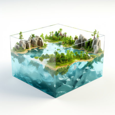 an illustrative voxel art of a highly detailed mountain island is showcased inside the box. the artwork depicts a fusion of water and land, with intricate foliage and a hyper-realistic water effect. the use of glass as a material adds a unique touch to the rural china-inspired scene, creating a captivating cubo-futuristic aesthetic. ai generatedの素材