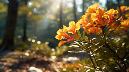 a forest adorned with vibrant orange and yellow flowers, reminiscent of light gold and light amber hues. the image captures a selective focus, highlighting the intricate details of the blossoms. this uhd image, taken by stephen shortridge and published by the associated press, showcases a beautiful juxtaposition of light and shadow, reminiscent of the works of ary scheffer. ai generatedの素材