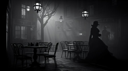 a vintage-style black-and-white photo captures an eerie scene of a cafe, its surroundings engulfed in a ghostly mist. the ominous shadow of the black death looms overhead, while a haunting silhouette of a grim reaper adds to the chilling atmosphere. ai generatedの素材