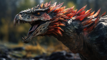 a characterful animal portrait captured with the canon eos 5d mark iv showcases the unique world of alien hybrids, the game that brought us crysis. the image features burned and charred spiky mounds, reminiscent of dragon art, created using terragen. the color palette of light red and dark gray adds depth and intrigue to this captivating photo. ai generatedの素材