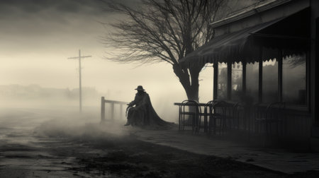 a vintage-style black-and-white photo captures an eerie scene at a cafe, as the shadow of the black death looms ominously. the landscape is engulfed in a ghostly mist, while a haunting silhouette of a grim reaper adds to the chilling atmosphere. ai generatedの素材