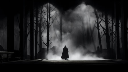 a mysterious figure, dressed in a cloak and mask, gracefully navigates through a forest enveloped in smoke. this captivating image captures the essence of minimalist stage designs, with its monochromatic shadows and stark black and white aesthetic. reminiscent of 19th-century american art, this pop-culture-infused depiction of theater is truly mesmerizing. ai generatedの素材