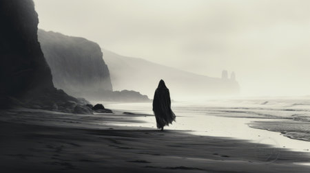 a haunting black-and-white photograph captures the eerie atmosphere of a beach overshadowed by the black death. the vintage-style image showcases a ghostly mist enveloping the landscape, while a foreboding silhouette of the grim reaper looms in the background, creating a chilling and atmospheric scene. ai generatedの素材