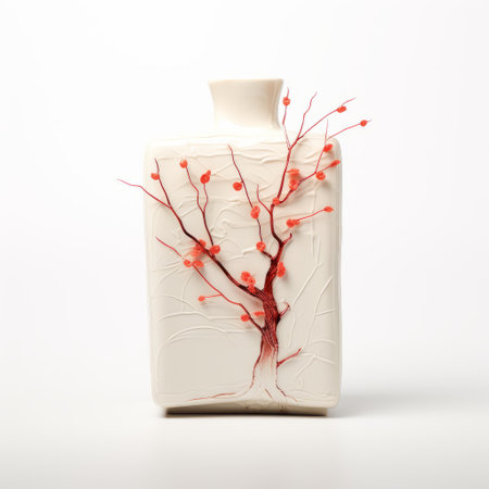 red branches vase tree vase red, featuring a subtle ink application style. this lightbox showcases pristine geometry and incorporates miniature and small-scale paintings. the white and amber hues beautifully complement the delicate flowers. created by an environmental installation artist, this piece is a captivating fusion of nature and art. ai generatedの素材