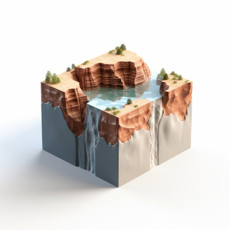 a 3d model showcasing a gravity-defying natural landscape with a mountain and water in the background. the model features a white background and is rendered in light orange and dark cyan colors, giving it a polychrome terracotta appearance. the edges are sharply defined, creating a blocky aesthetic. the scene is enhanced with the addition of water drops, adding a touch of realism. ai generatedの素材