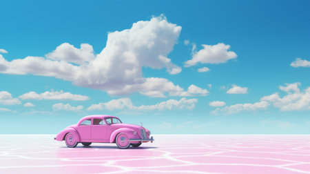 pink vintage car parked on a vibrant blue ground, surrounded by surreal 3d landscapes. the perspective rendering creates an ethereal atmosphere, enhanced by the presence of dreamy cloudscapes. the use of vray tracing adds a contemporary touch to this candy-coated, monochromatic artwork. this scene is a stunning example of the capabilities of unreal engine 5. ai generatedの素材