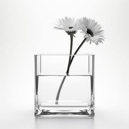 a small square glass vase holds delicate white flowers, showcasing the essence of digital minimalism. the arrangement creates an illusion of three-dimensionality, while the luminosity of the water adds a captivating touch. this associated press and national geographic-worthy photo captures the beauty of the flowers with a realistic rendering. ai generatedの素材