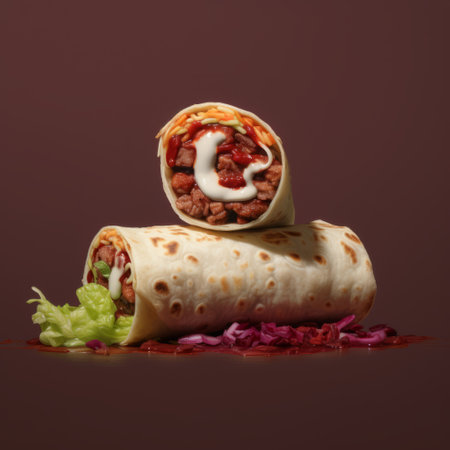 an opened burrito, folded on itself, is showcased on a dark background. the artistic style of light red and maroon hues adds depth to the image. this photograph, inspired by caras ionut, mike kelley, and sultan mohammed, captures the layered complexity of the subject. the juxtaposition of hard and soft lines creates a visually striking composition. ai generatedの素材