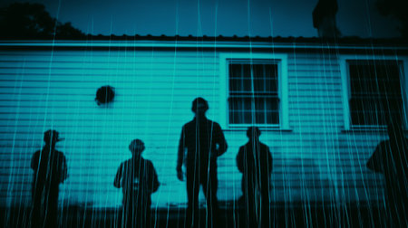 the photo showcases a highly detailed and realistic x-ray of four dark figures standing back to back. the furious atmosphere is enhanced by the glowing neon turquoise blue flare and the dirty pool in the background. with its 4k resolution, this photo allows you to rediscover the 90's alternative shoegaze scene, capturing the essence of the era in a polaroid film-like style. ai generatedの素材