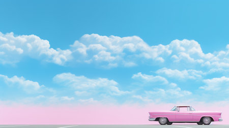 a little pink car drives on the road under a cloudy sky, showcasing a glamorous kitsch style. the minimalistic figurative design of the car stands out against the sky-blue backdrop. this 32k uhd photograph is digitally enhanced, creating a surrealistic installation featuring a classic american car. ai generatedの素材