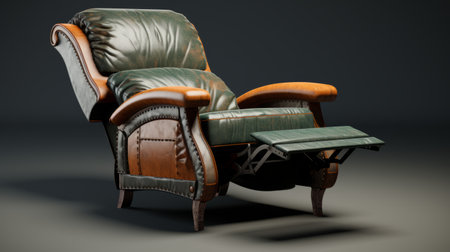 the recliner is a classic leather design, rendered in unreal engine, featuring a combination of light emerald and dark amber tones. the image showcases vignetting and darktable processing techniques, resulting in a visually striking composition. created by david b. mattingly, this restored and repurposed piece exemplifies the use of traditional craftsmanship. ai generatedの素材