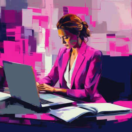 a business woman is seen working at her desk, engrossed in her computer. the image is created in the style of neon impressionism, with a combination of dark magenta and light beige colors. the painting, done by oil painter grzegorz domaradzki, features graphical elements and vivid color blocks, resulting in a stylish composition. ai generatedの素材