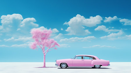 pink car with white clouds and cloudy sky, reminiscent of the ethereal trees and meticulous photorealistic still lifes found in the works of melvin sokolsky, david nordahl, and peter blume. the simplicity of the monochromatic color palette adds to the dreamlike quality of the image, which has been digitally enhanced to create a captivating visual experience. ai generatedの素材