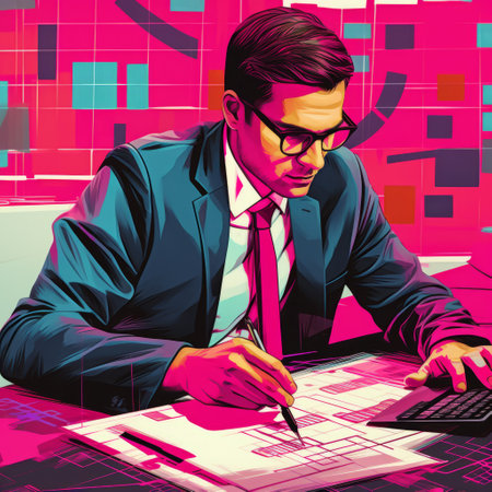 a man is creating something at a table in a bold graphic style, using magenta and cyan colors. he is an architectural illustrator specializing in optical and computer-aided manufacturing techniques. his work focuses on city portraits, meticulously calculated and brought to life through his artistic vision. ai generatedの素材