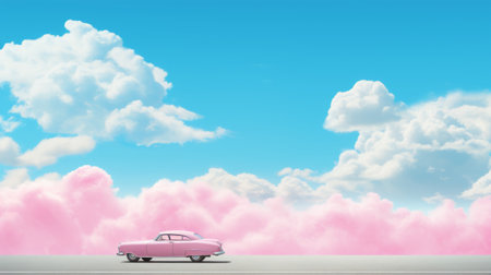 a pink cloud hovers above a classic american car, showcasing surrealistic elements. the image features a light sky-blue and silver color palette, enhanced by vray tracing for realistic details. soft edges and atmospheric effects add depth to the composition. the playful use of surrealism complements the monochromatic color scheme. ai generatedの素材